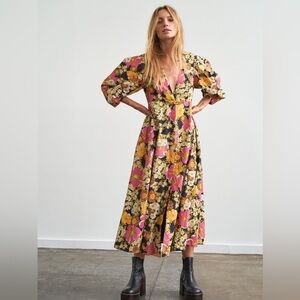 Free People Lydia Black Floral Printed Midi Dress